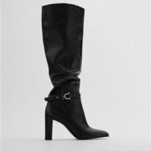 NEW Buckle Sexy Zara Leather High-Heel Over-The-Knee Black Boots 2002610 US 7.5